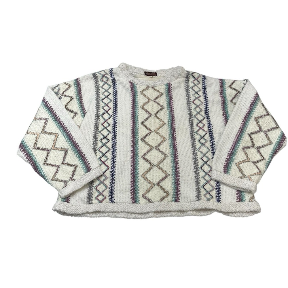 Vintage Bachrach Sweater White Geometric Pullover XL Oversized Cosby Grandpa